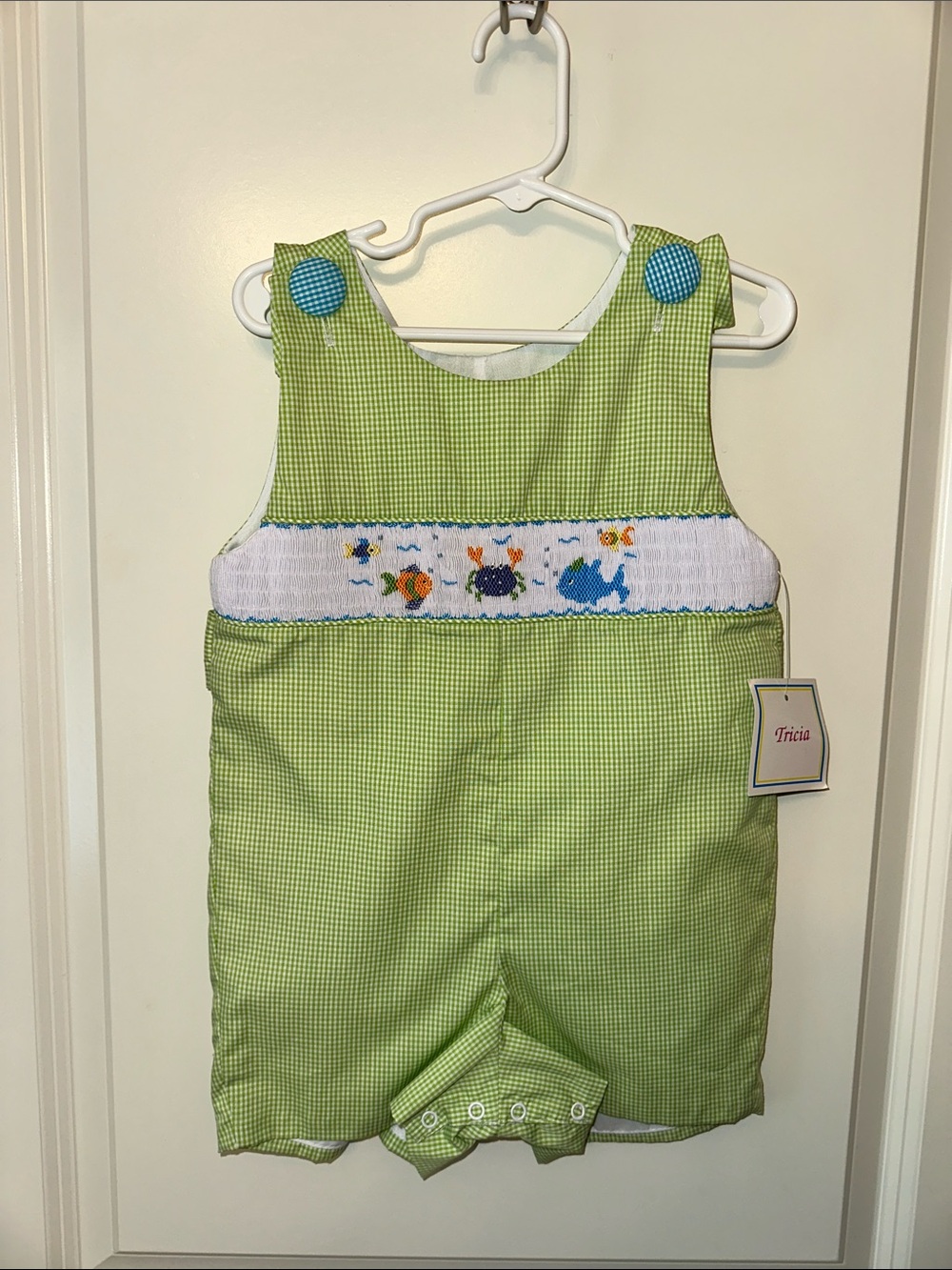 NWT Green Gingham Smocked Kids Romper Shortall with Ocean Motif